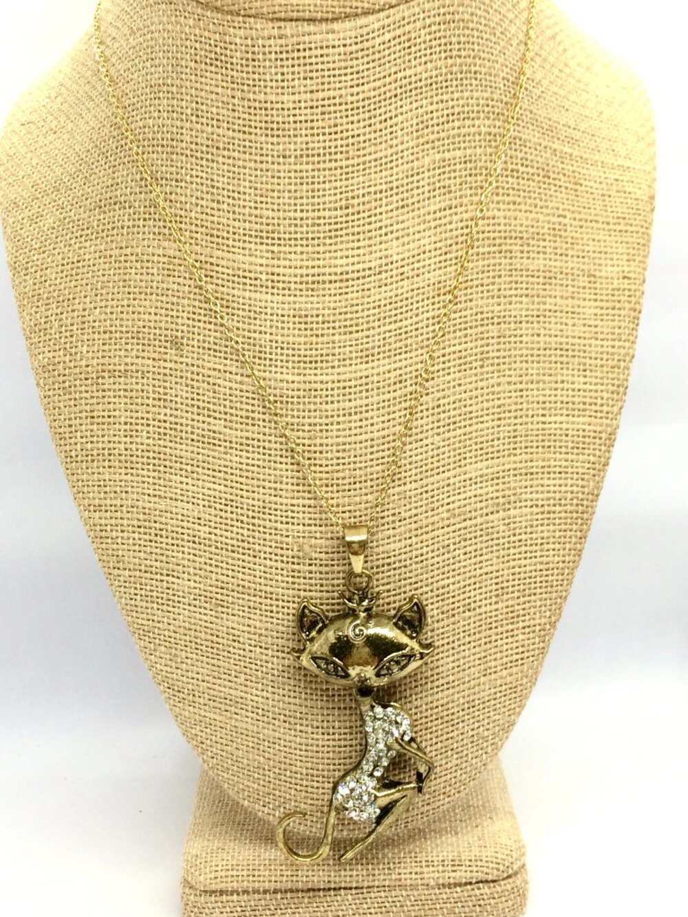 VINTAGE CAT NECKLACE Articulated Rhinestone Kitty Pendant Antiqued Gold Tone 18"